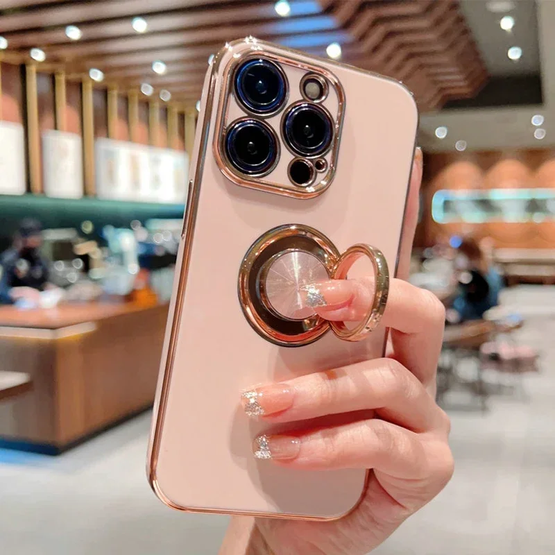 

Luxury Magnetic Plating Silicone Case For iPhone 16 15 14 13 12 11 Pro Max XS XR 7 8 Plus SE 2020 16Pro Cover With Ring Holder