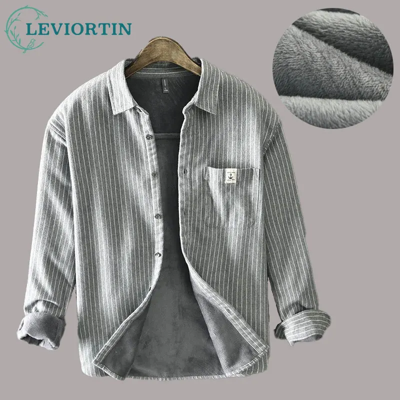 

Winter Men's Fleece Lined Warm Thick Shirts Classical Button Down Tops Male Lapel Brushed Striped Flannel Long Sleeve Shrit