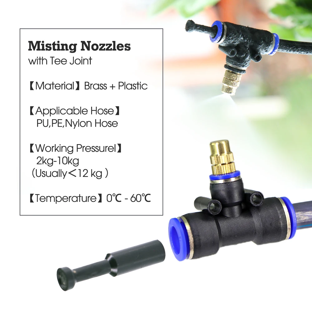 Brass Misting Nozzle with Tee Adapter Adjustable Atomizer Sprayer Outdoor Garden Irrigation Watering 6/8/10/12/14/16mm PE Tubing