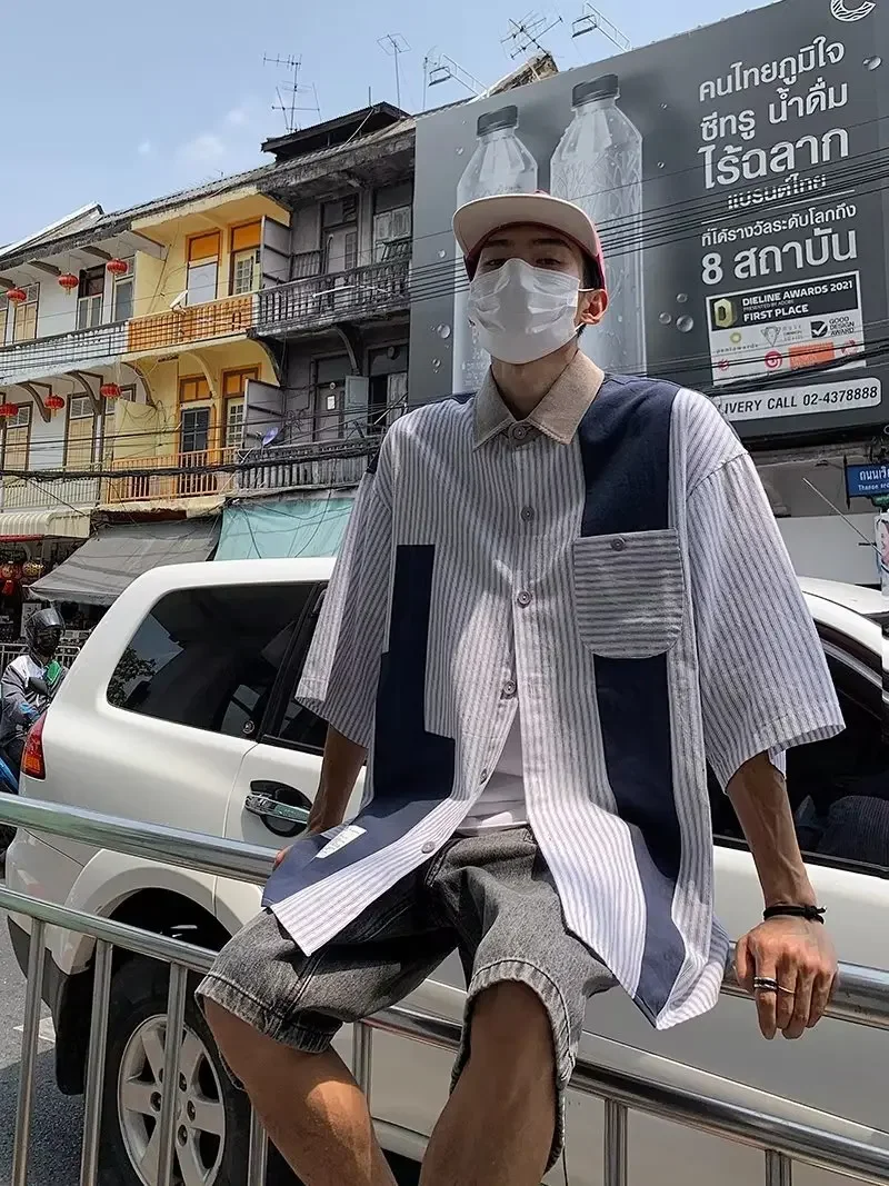 Summer New Amikaki Style Thin Striped Patchwork Short Sleeved Shirt For Men Retro Fashion Loose Casual Men's Shirt Y2k Clothing