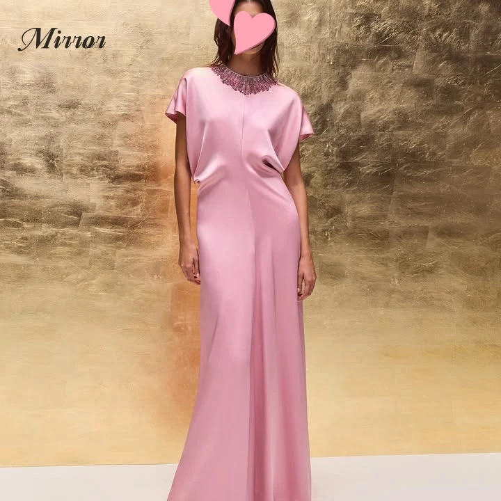 

Mirror Dress Elegant Vintage Sweet Pink Crystal Beads Satin Silky New Customize Formal Occasion Prom Dress Evening Party Gowns