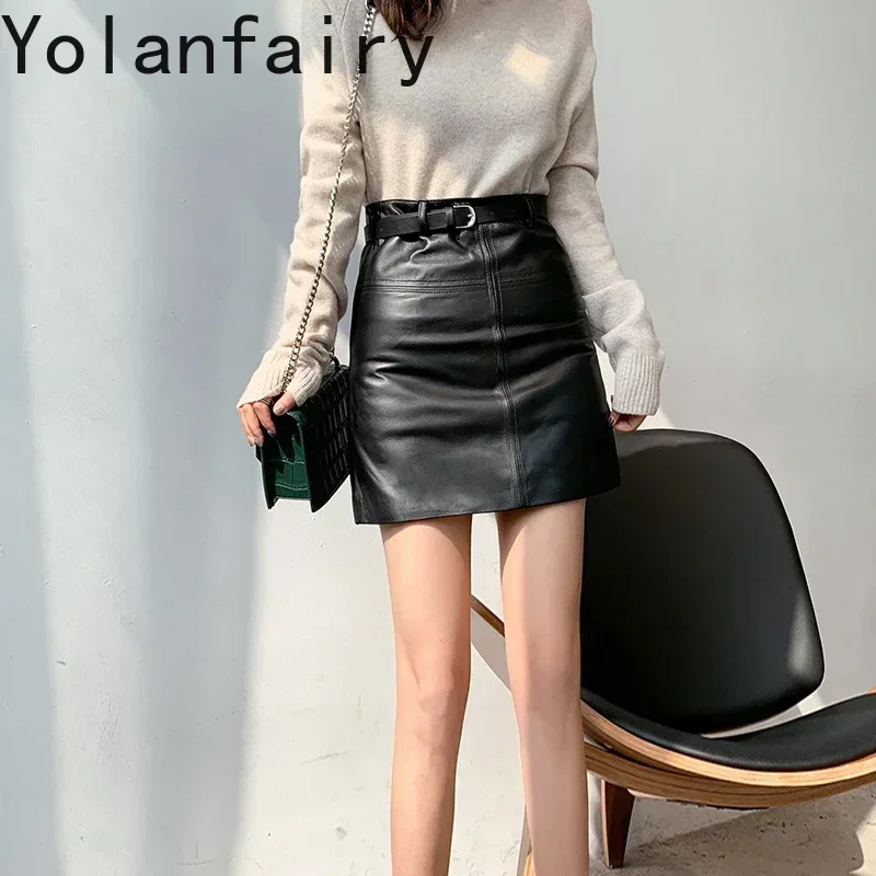 

Real Sheepskin Leather Skirts for Womens 2023 High Waist Skirt Spring Autumn Short A Line Skirt Black Skirts Korean Streetwear