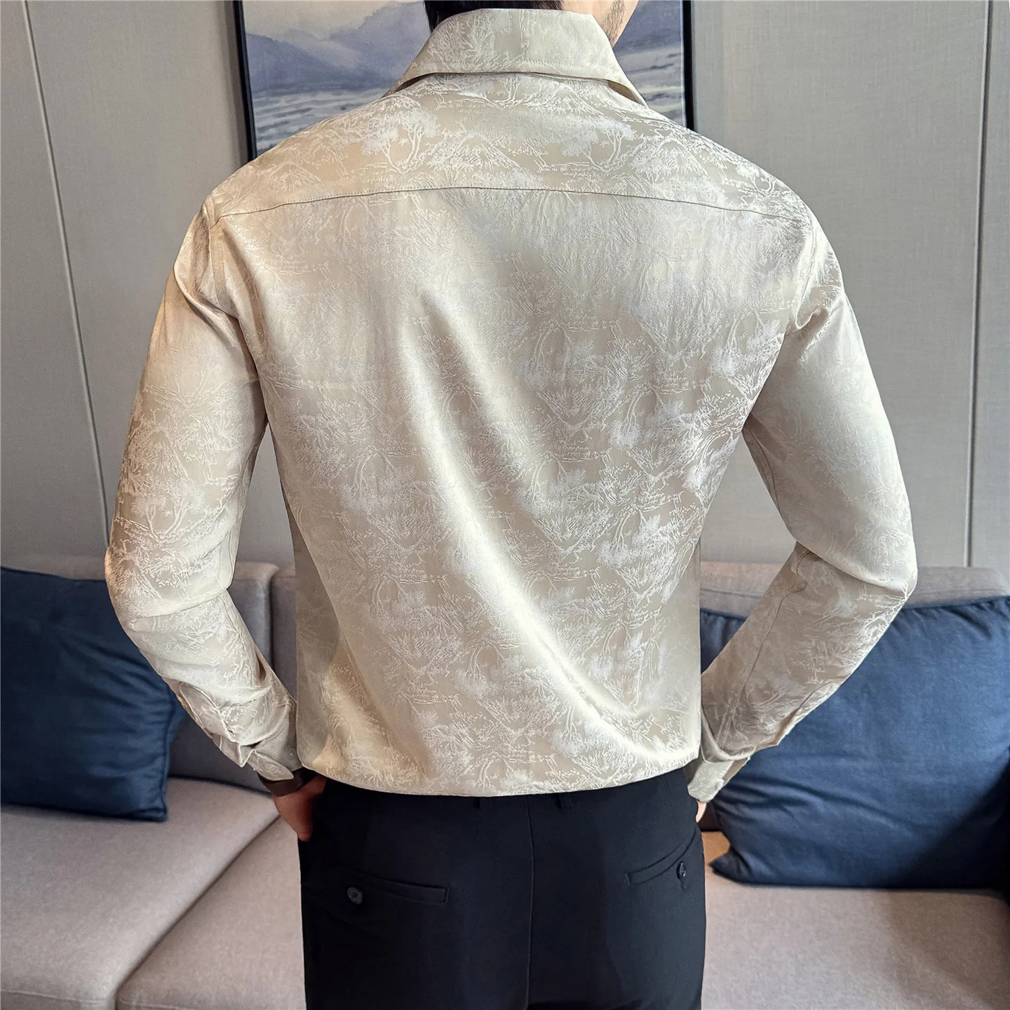 2025 Autumn/Winter V-neck Men's 3D Jacquard Long Sleeve Shirt Fashion Casual Business Dress Shirts Social Party  Men's Clothing