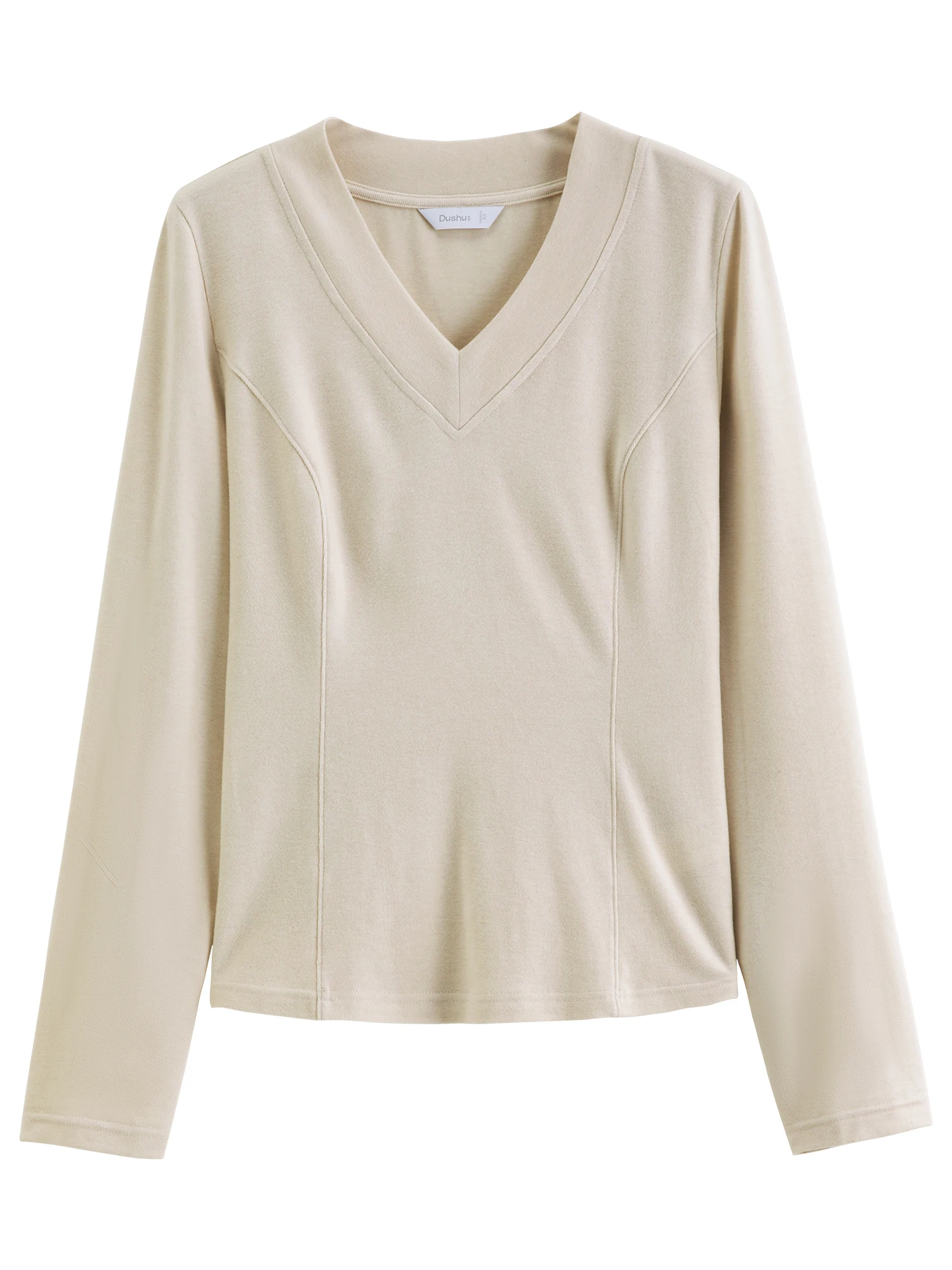 DUSHU Damen V-Ausschnitt Langarm Weiches Mischgewebe Slim Fit Strick-T-Shirt Einfarbiges Unterhemd Elegantes Leichtes Layering-Oberteil für den Alltag – Detail 29