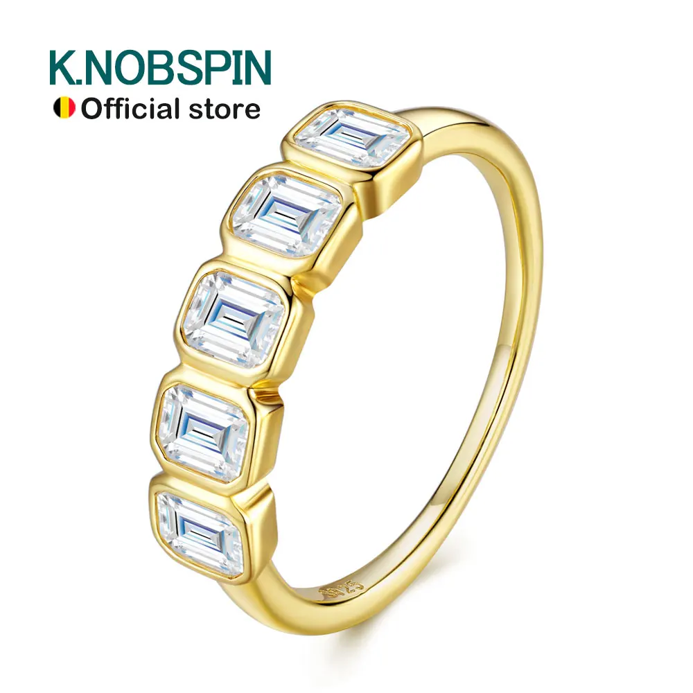 KNOBSPIN 5-Stone Emerald Cut Moissanite Wedding Ring for Women 2.5ct D Color Lab-Grown Gemstone S925 Silver Plated 18K Gold Ring
