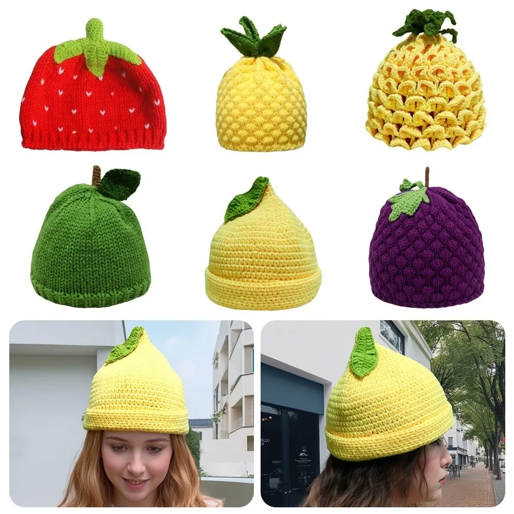 

Creative Warm Knitted Fruit Hat Soft Thick Strawberry Pullover Cap Brimless Stretchy Pineapple Beanie Winter Head Accessory