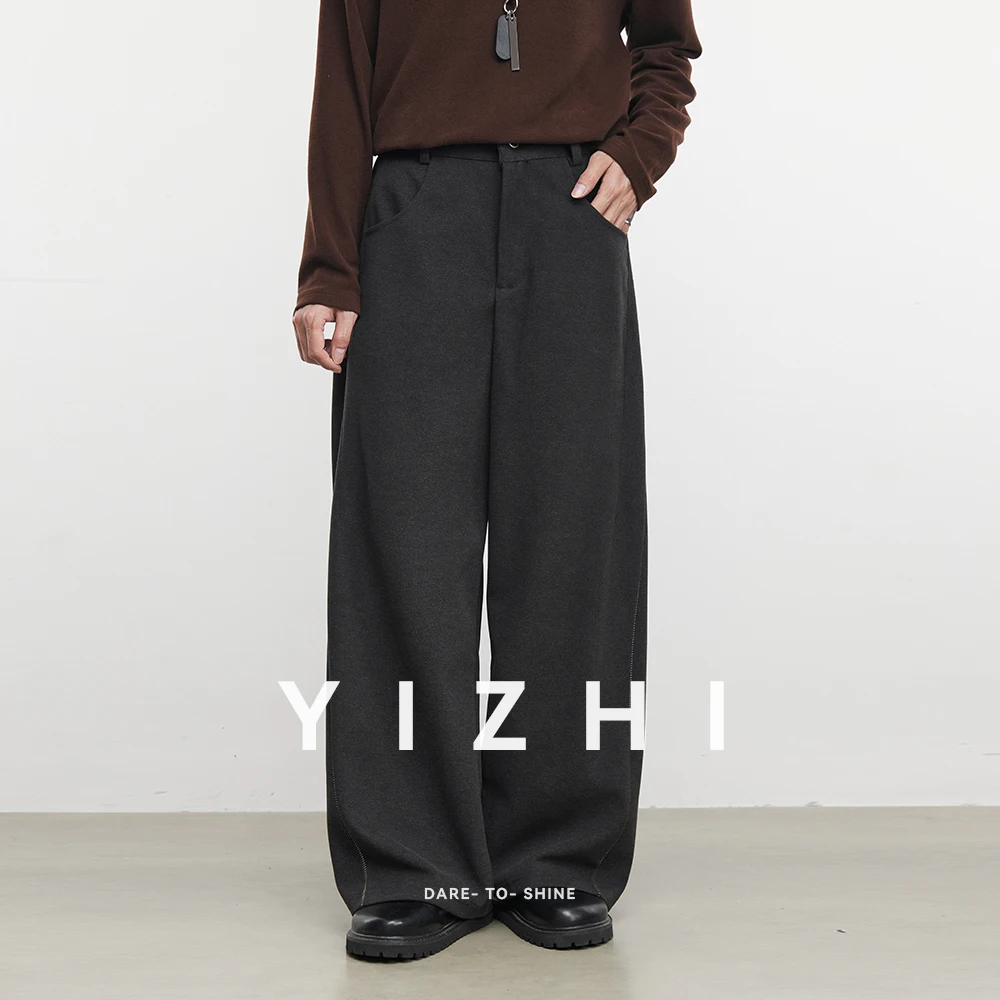 Moda masculina 430g pesado velo-forrado calças casuais americano cor sólida calças de perna larga masculino 2025 inverno commuter calças