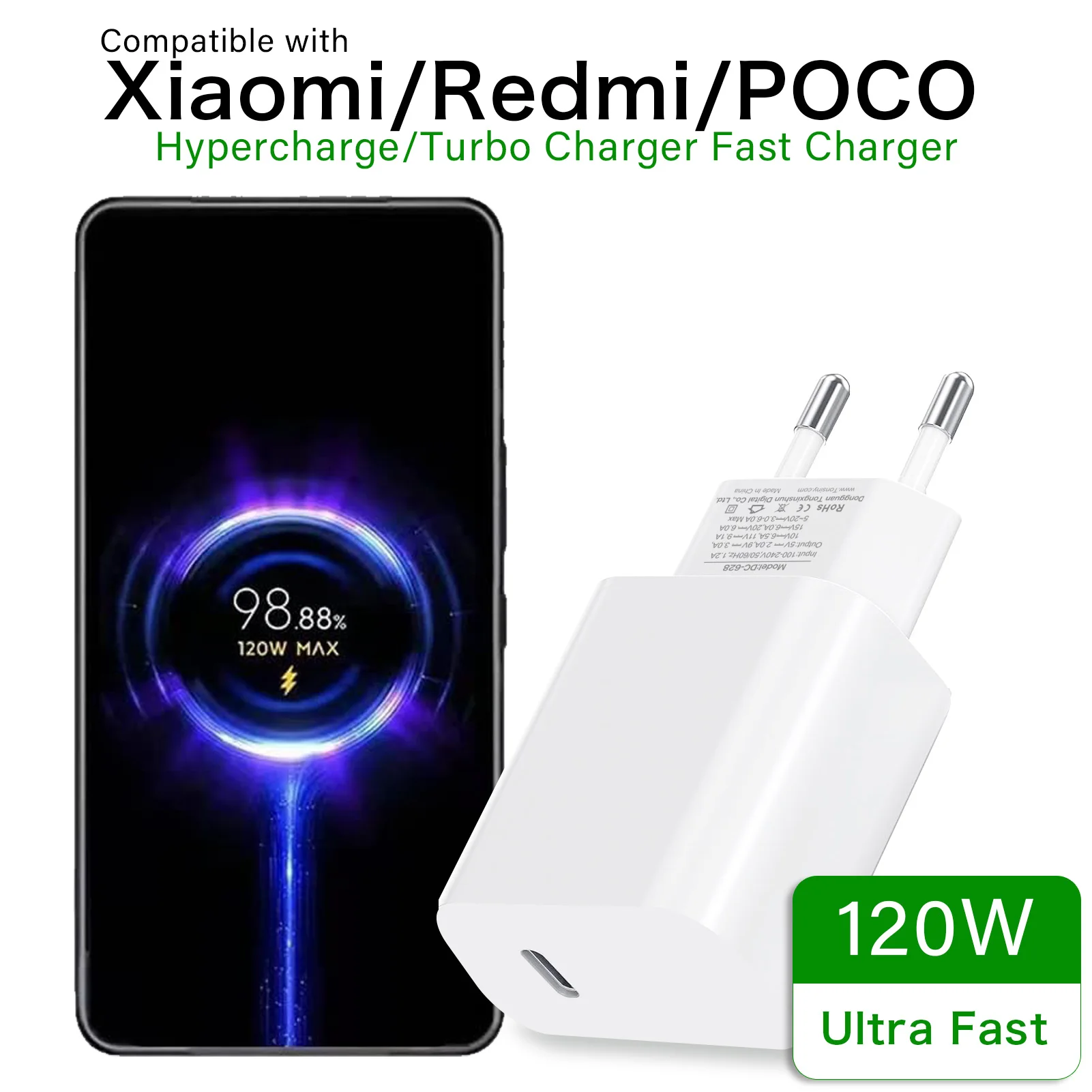 For Xiaomi 120W Hypercharge charger turbo adapter for Mi 15 14 13 T Redmi Note 14 13 K70 POCO M7 F7 PD PPS tablets phone charger