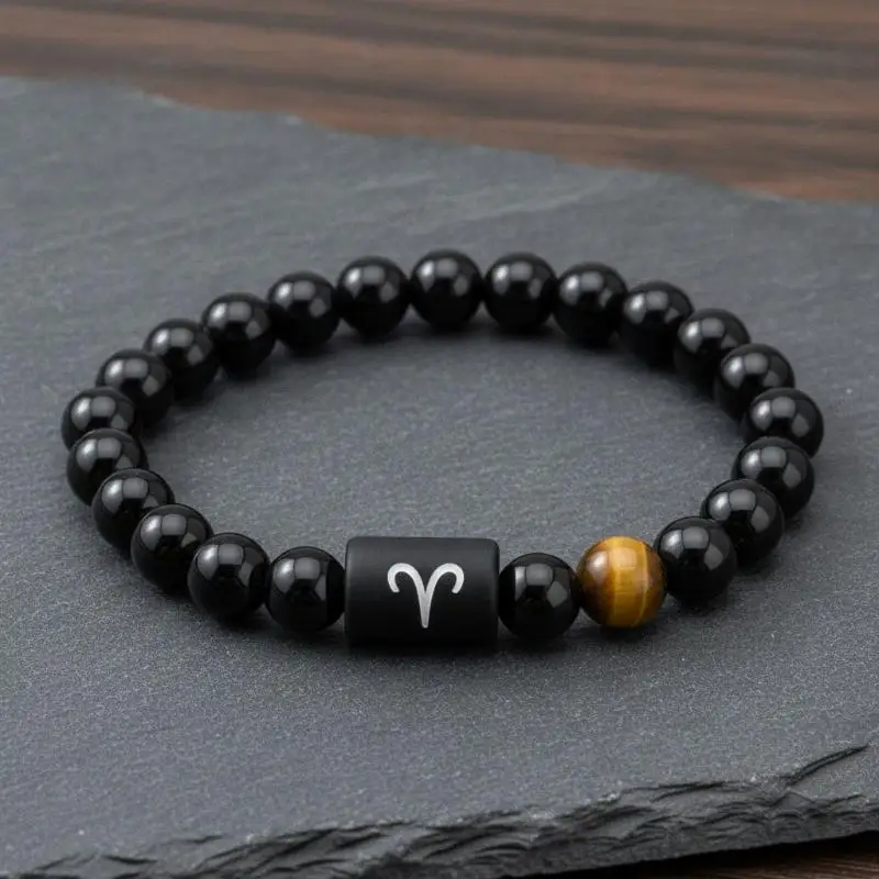 1PcsThis Men's Aries Zodiac Bracelet Features Natural Black Agate And Tiger's Eye Stones. Incorporating Zodiac Elements
