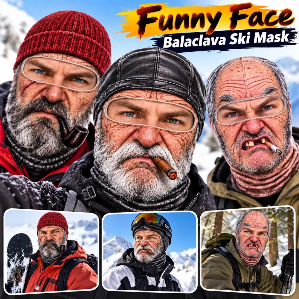 3D Face Printed Old Man Balaclava Face Mask White Mustache Full Coverage Funny Ski Mask Breathable Eye Hole Elderly Man