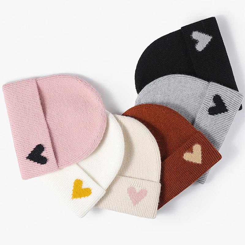 Heart Knitted Beanies for Women Imitation Rabbit Fur Woolen Hat Winter Warm Thicken Bonnet Outdoor Windproof Ear Protection Hats