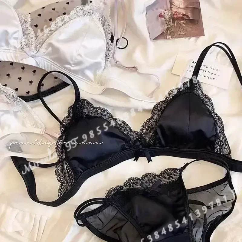 French Satin Ultra Thin Sexy Lace Bra Set for Girls Summer Breathable Lingerie
