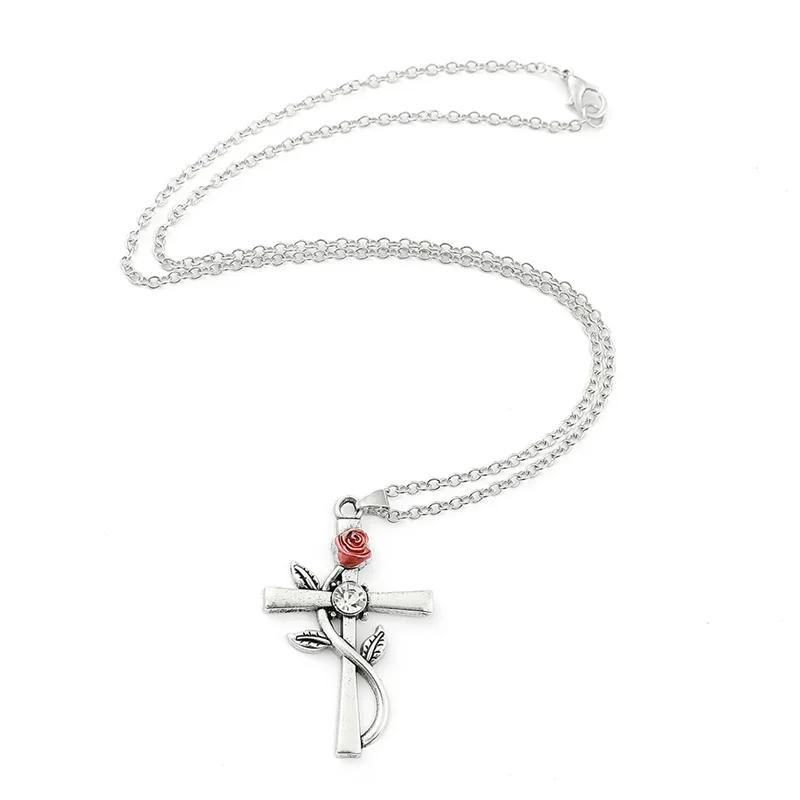 Aesthetic Rose Flower Cross Pendant Necklace Bridal Neck Accessories for Wedding Newly Design Exquisite Women Jewelry New