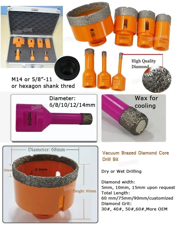 진공 브레이징 드릴링 코어 비트 및 다이아몬드 홀 톱 커터 키트, 다이아몬드 드릴 비트 세트, 2 톱날, 20 25 32 35 40 50 60 68mm