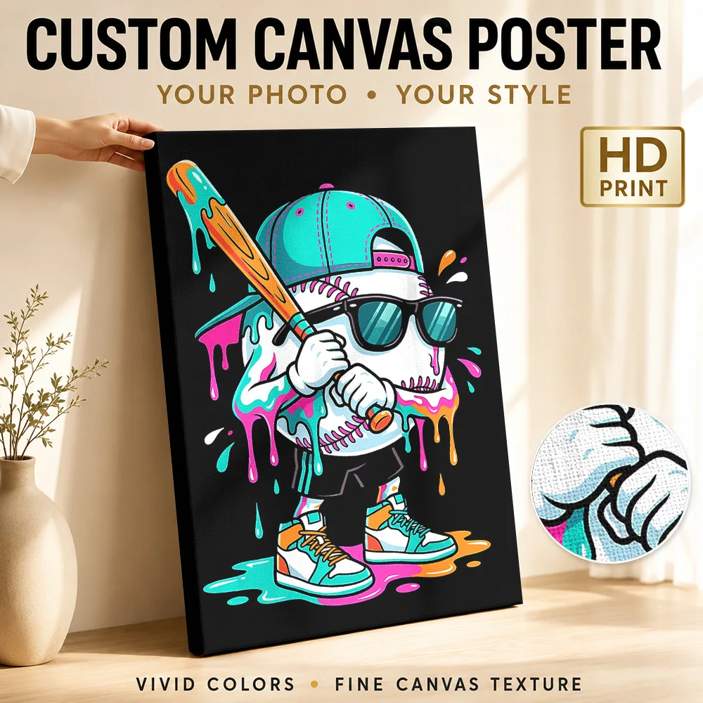 Cool Baseball Character , Graffiti Style Sports Canvas Poster Personalized Gaming Anime Canvas Wall Art for Teen Bedroom Decor