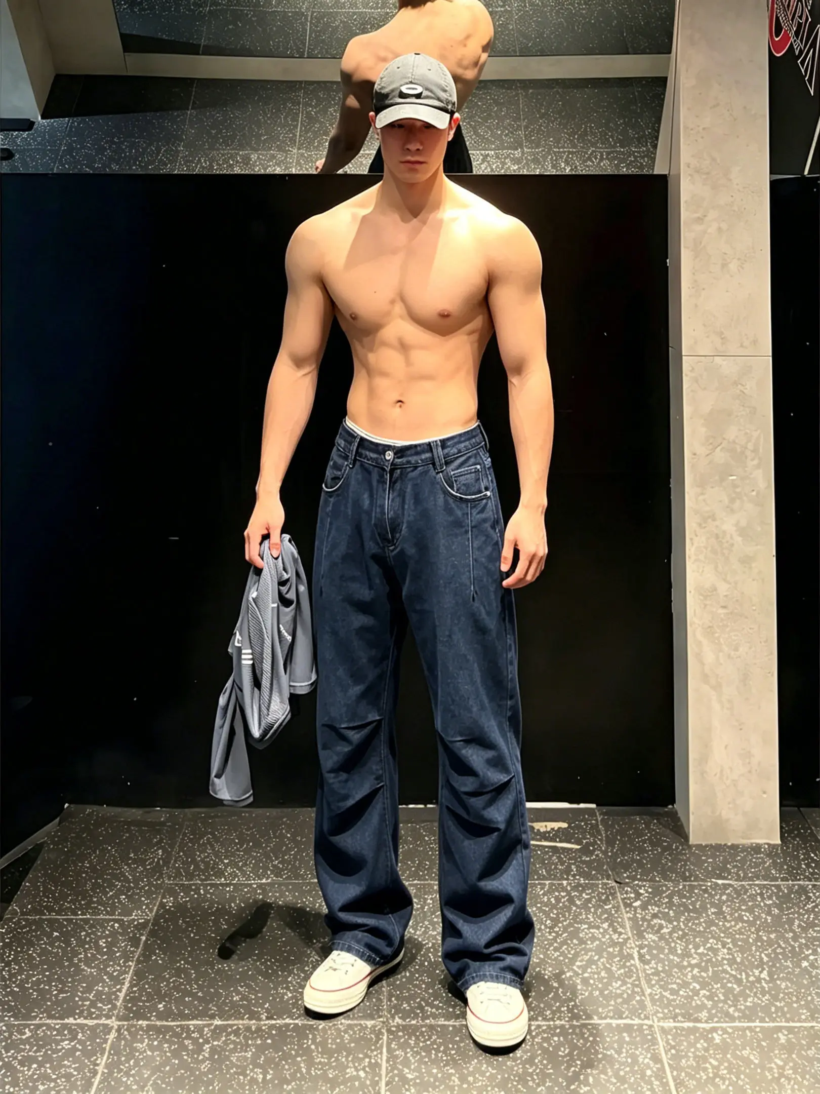 French Workwear Blue Men's High Street Casual Jeans Straight Leg Bell Bottoms Durable Loose Fit mid Waist Zipper Closure