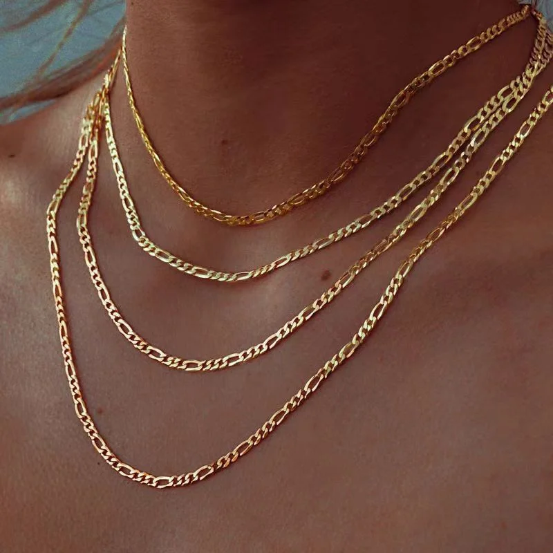Gold Plated PVD 18K Figaro Chain Necklace Female Stainless Steel Solid Link Choker Necklace Layered Women Girls 14