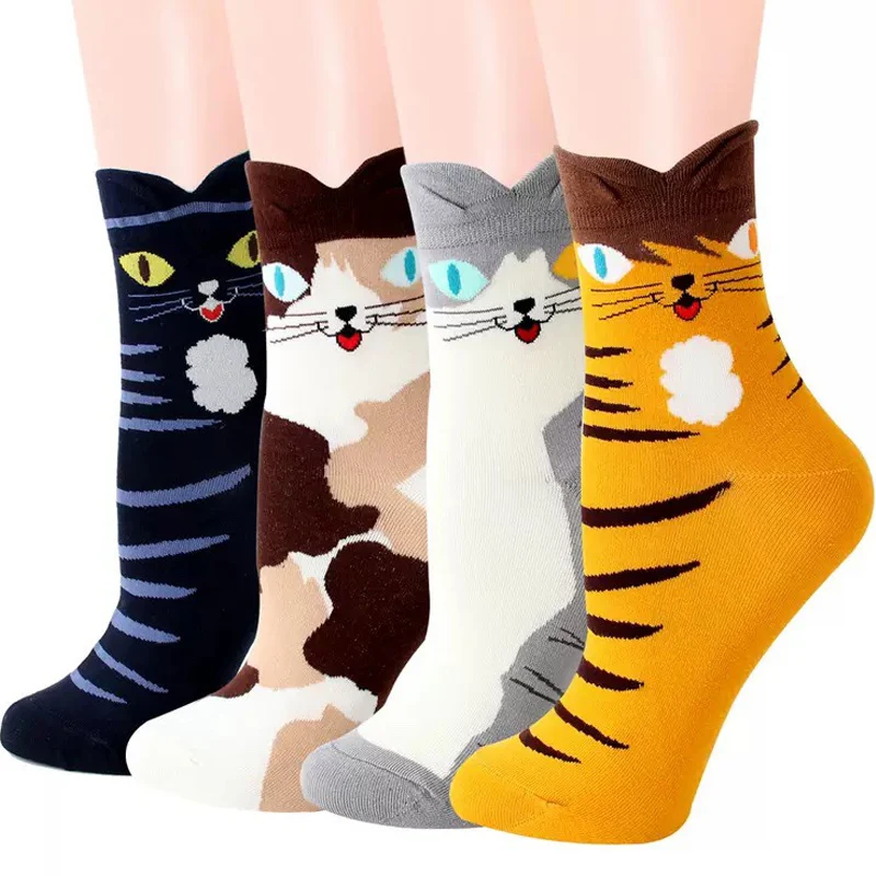 New Autumn Winter Warm Cute Cat Ear Socks Cartoon Animals Patterns Funny Socks Women\'s Pure Cotton Cat Eye Middle Tube Sock