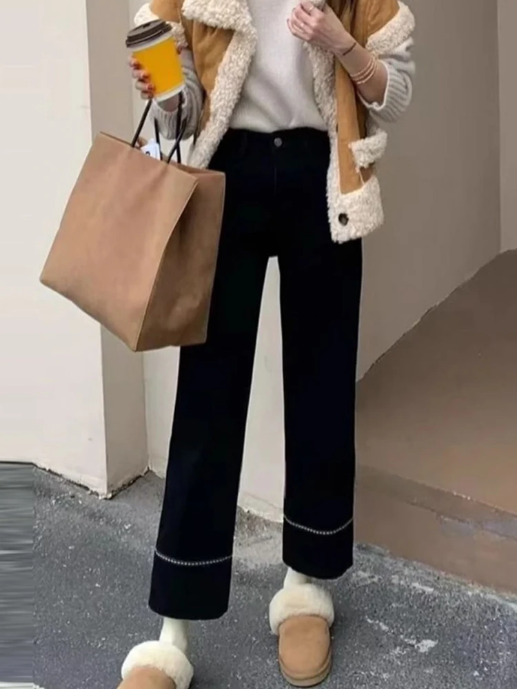 

High Waist Straight Leg Denim Jeans Women's plus Size Elastic Wide Leg Pants Autumn Winter Black Slimming Effect Comfortable Fit