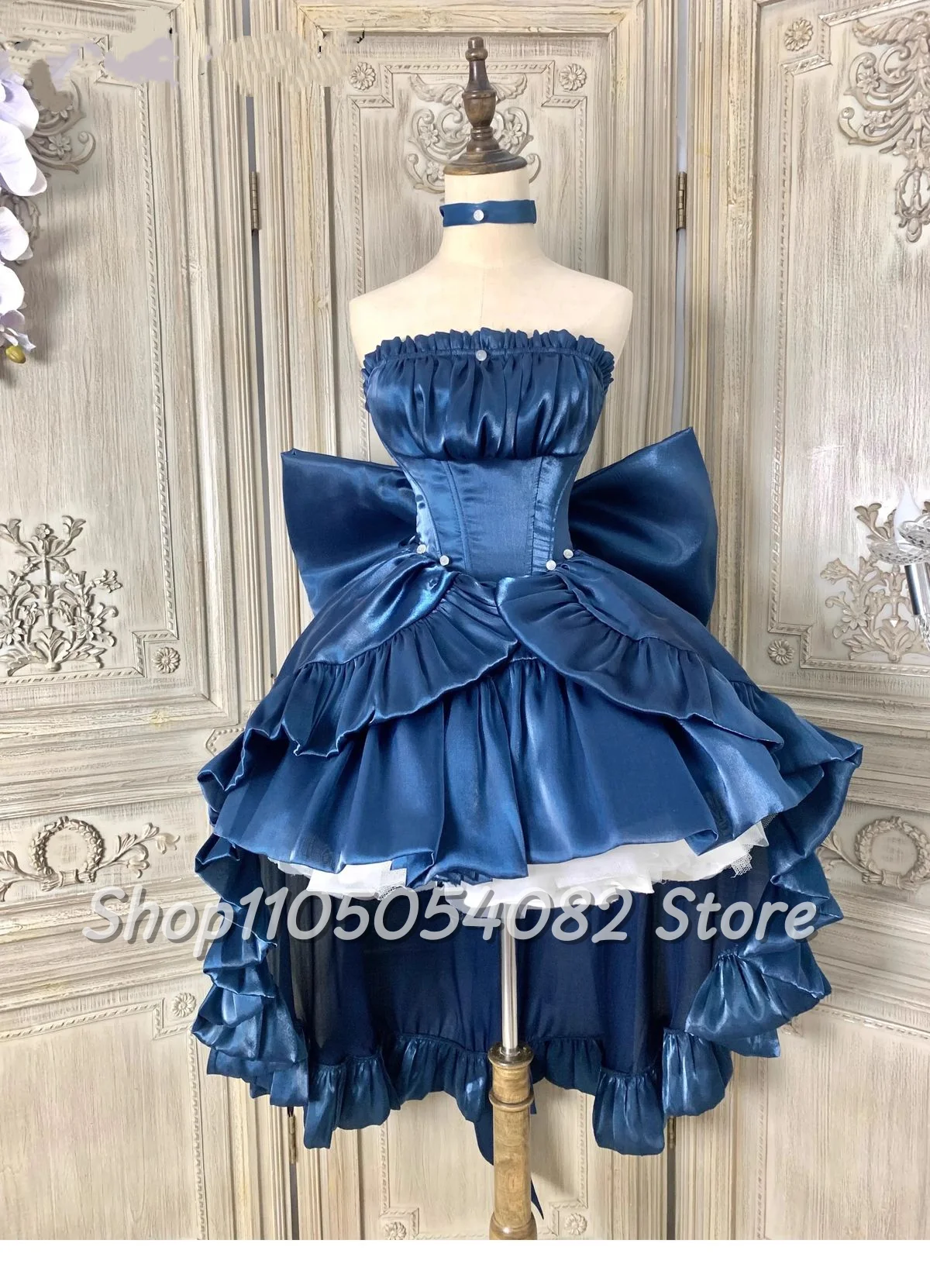 

Blue Lolita Vintage Prom Dresses Sheath Baroque Bow Trim Short Ruffle Hem Satin Evening Dress Customized