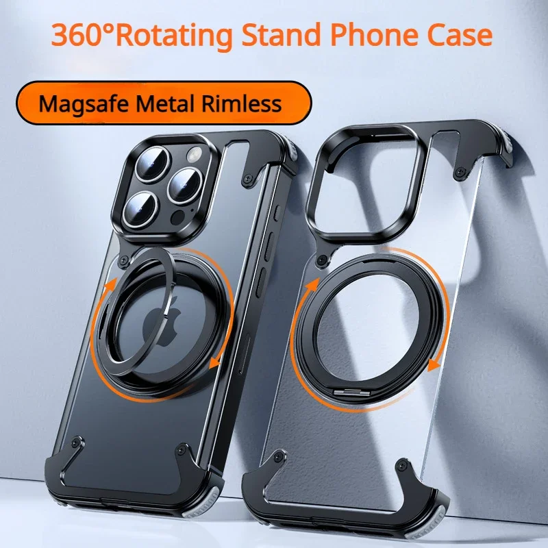 For iPhone 15 Pro Max Case Aluminum Alloy Metal Magnetic Magsafe 360° Rotate Stand Rimless car Phone holder matte leather Cover