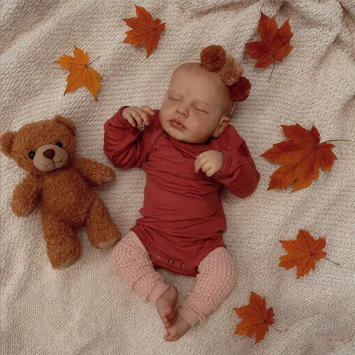 

Real Life Sleeping Reborn Infant Doll, Ultra Realistic Closed Eyes Baby Doll Wearing Rust Rib Onesie & Lace Leg Warmers, Reborn Doll Toy, Perfect Soothing Companion & Baby Shower Gift for Girls