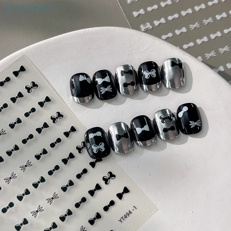 Hitam Putih dasi kupu-kupu Mini garis ikatan simpul Rhinestones emas perak Laser 3D perekat seni kuku dekorasi stiker manikur