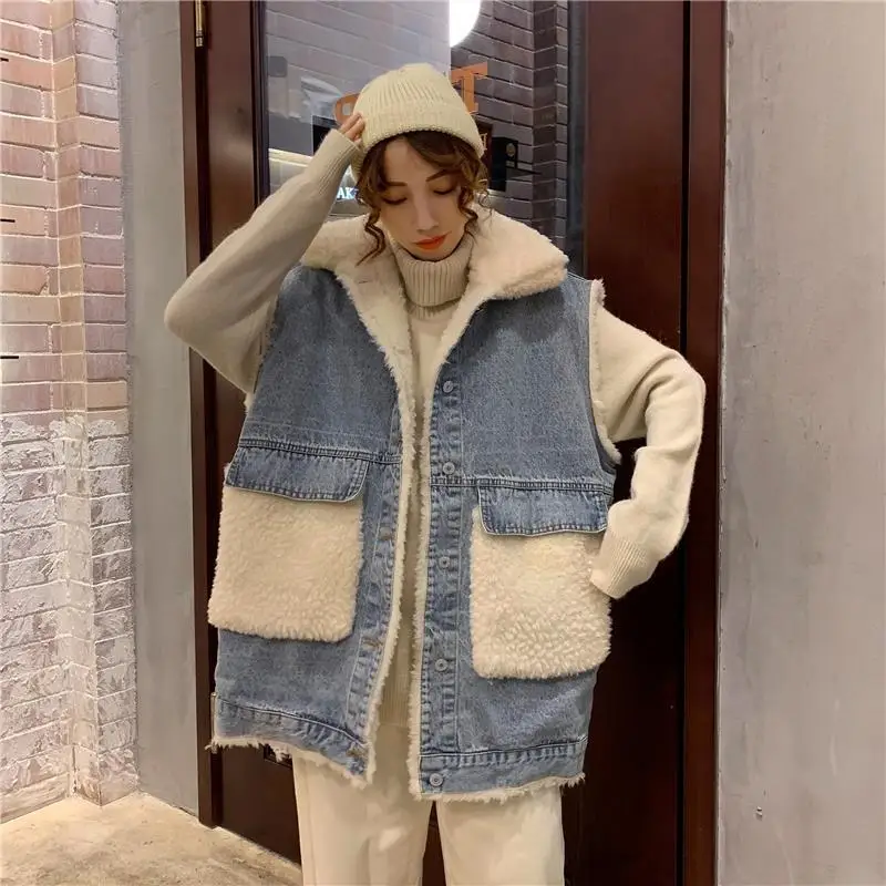 

Autumn Winter Korean Edition Thickened Imitation Lamb Wool Spliced Jacket Coat with Lapel Mid Length Loose Denim Horse Vest