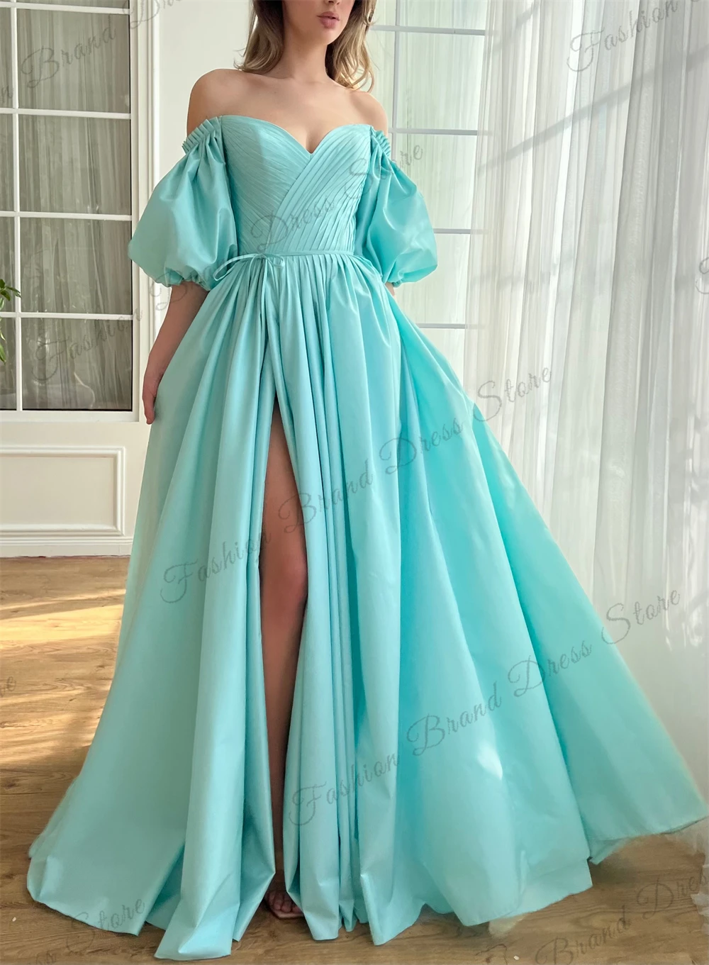 Taffeta Off-the-shoulder Sweetheart Prom Dresses With Split Pleated Corset Backless Formal Evening Gowns A-line Long Ball Gowns