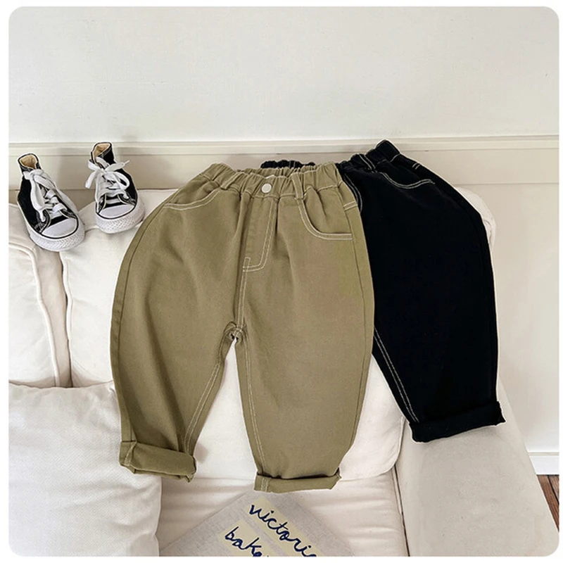 Pants 2024 Boy Spring Autumn New Open Line Cotton Cloth Solid Color Labeling Korean Leisure Comfortable Versatile Active