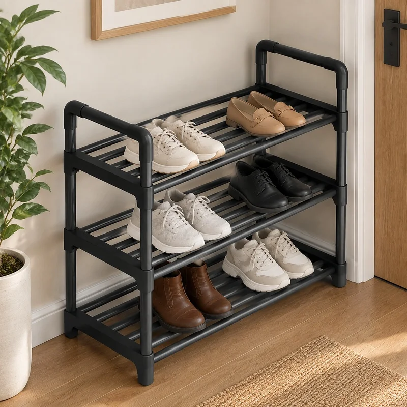 Black Space-Efficient Shoe Rack with Multiple Levels, Ideal for Dorms and Entryway Organization