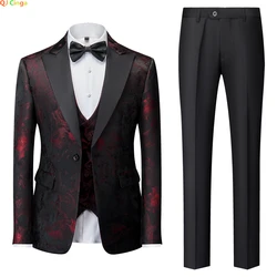 New Men's Suit Three Pieces, Red Jacquard Fabric Dress Dress Jacket with Pants Vest, Wedding Party Blazer Coat Trousers Men Sets