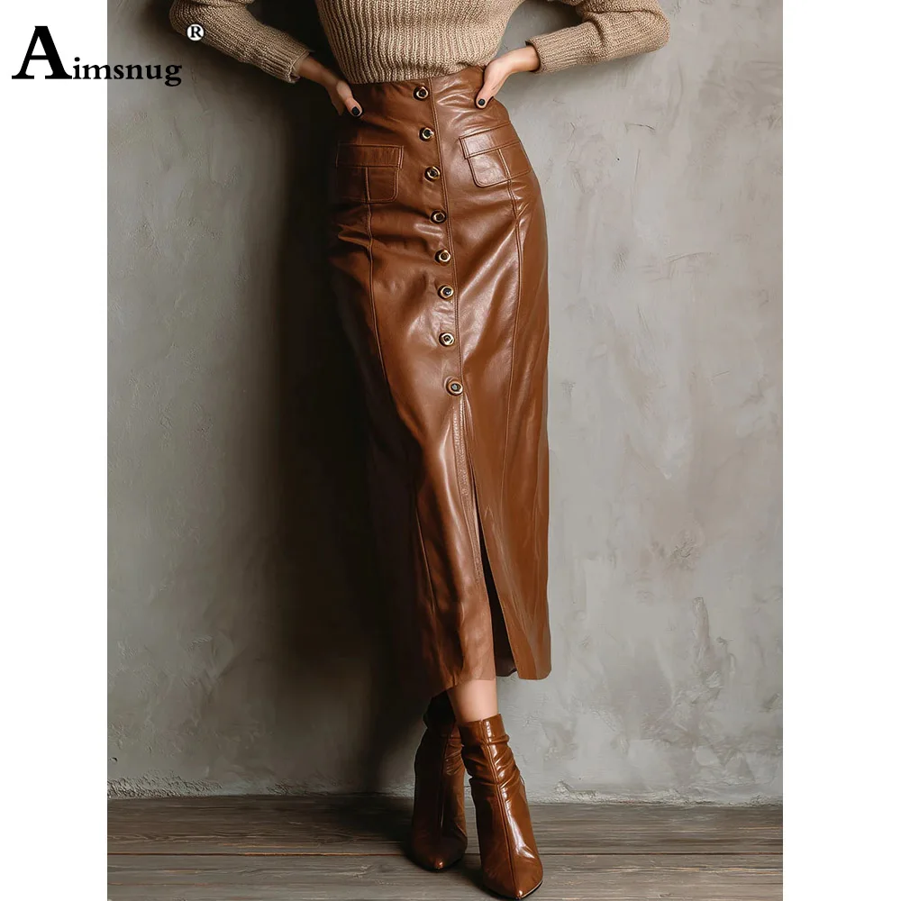Aimsnug 2026 High Split Faux Pu Leather Skirts Womens Sexy Night Club Dance Party Skirts Bodycon Female Mid-calf Bottoms New