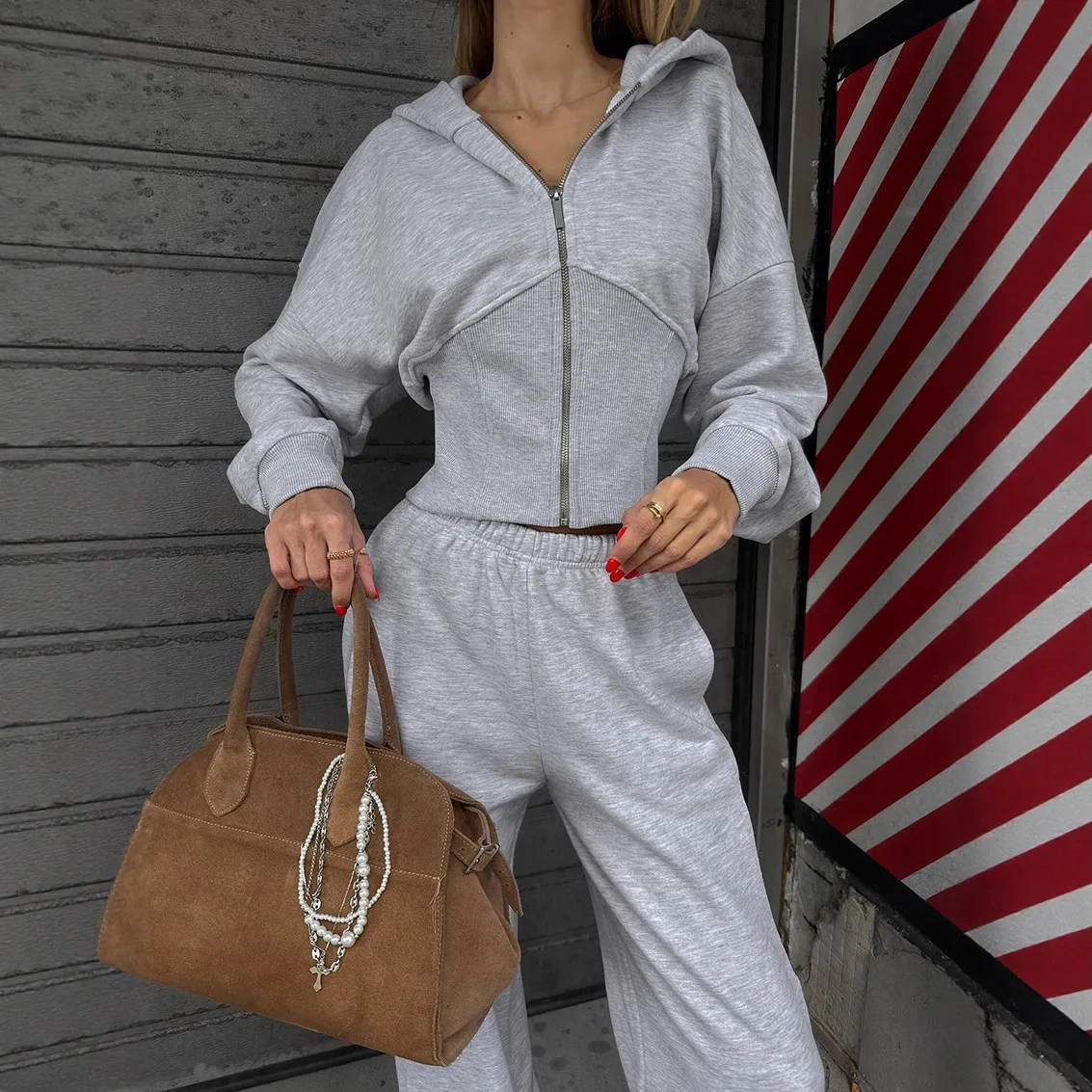 

Spring Grey Casual Pants Suit Women Long Sleeves Hooded Zipper Coat+high Waist Slit Wide-leg Pants Autumn Female Two Piece Set