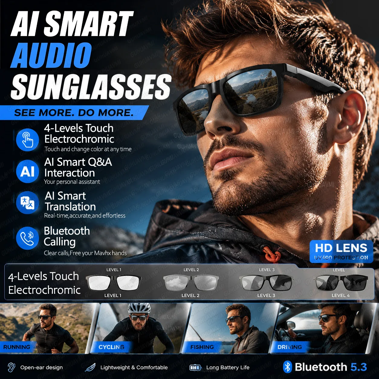 

New Business 4-Level Electrochromic Audio Call Smart Glasses Men 164+language Translation Music Chatgpt Waterproof Sunglaasses