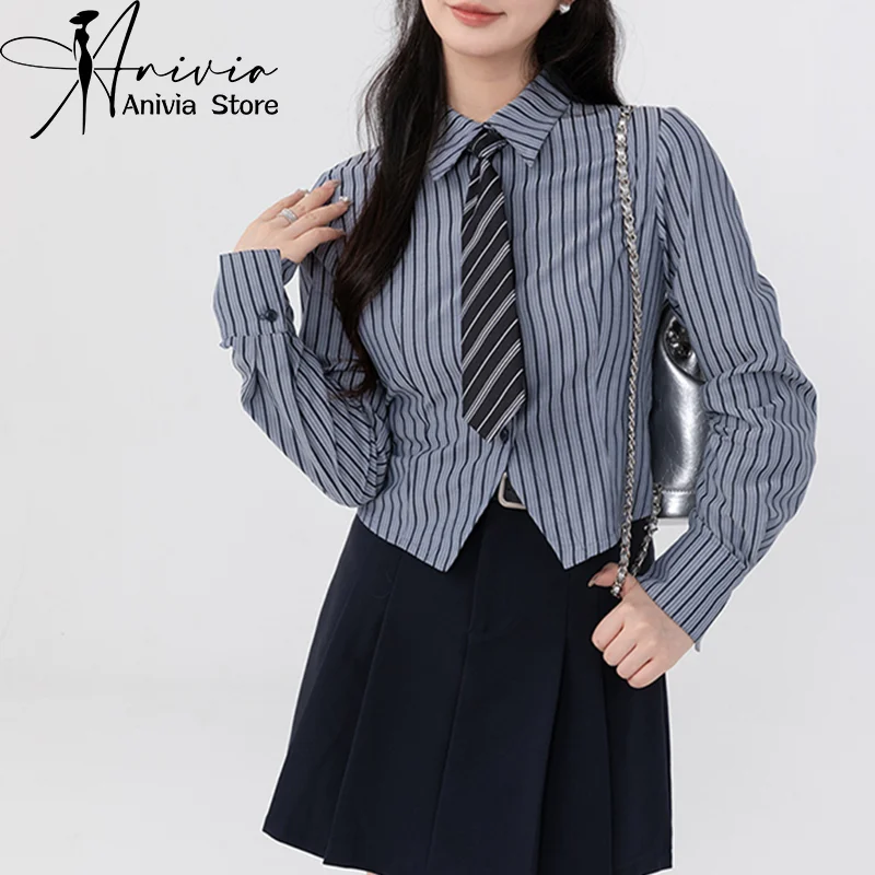 

2024 Women's Spring and Autumn Korean Stripe Fashion Polo Collar Long sleeved Shirt Navy Office Design Casual Top Academy Style