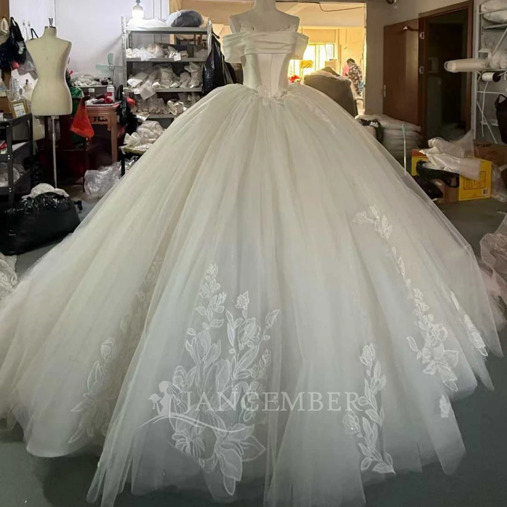 Customized Boat Neck Off Shoulder Ball Gown Wedding Dress Lace-up Back Floor Length Sweep Train Gown For Bride robe de mariée