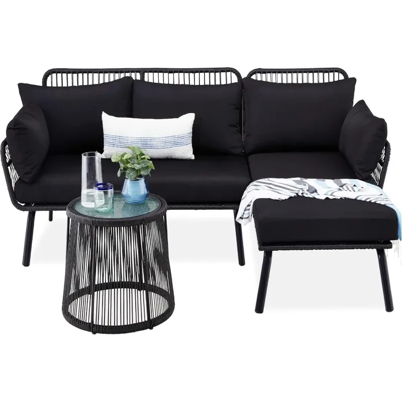 

Outdoor Rope Woven Sectional Patio Furniture L-Shaped Conversation Sofa Set,Thick Cushions,Detachable Lounger,Side Table - Black