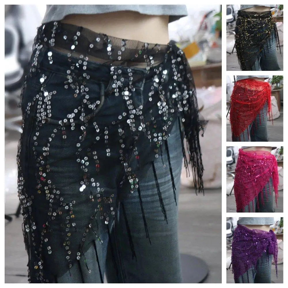 Glänzende Pailletten Bauchtanz Hüfttuch Quaste 6 Farben Frauen Taille Ketten Elegante Dreieckige Tanz Rock Taille Gürtel Tanz Kostüme
