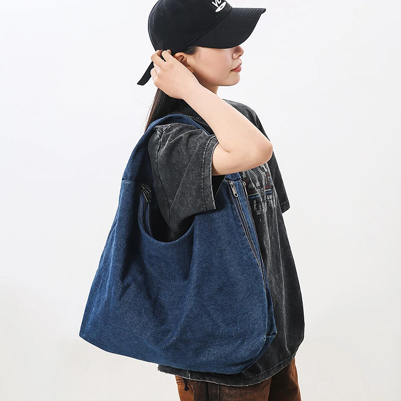 

Large Denim Women's Bag New Jeans Tote Bag Y2K Canvas Shoulder Bag Student Eco Bag Korean Shopper Handbags Ladies Zipper Pocket