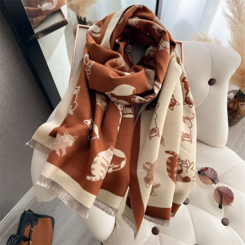 2024 Luxury Cute Cat Print Scarf for Women Warmer Winter Cashmere Pashmina Scarves Shawls Female Thick Blanket Wraps Foulard