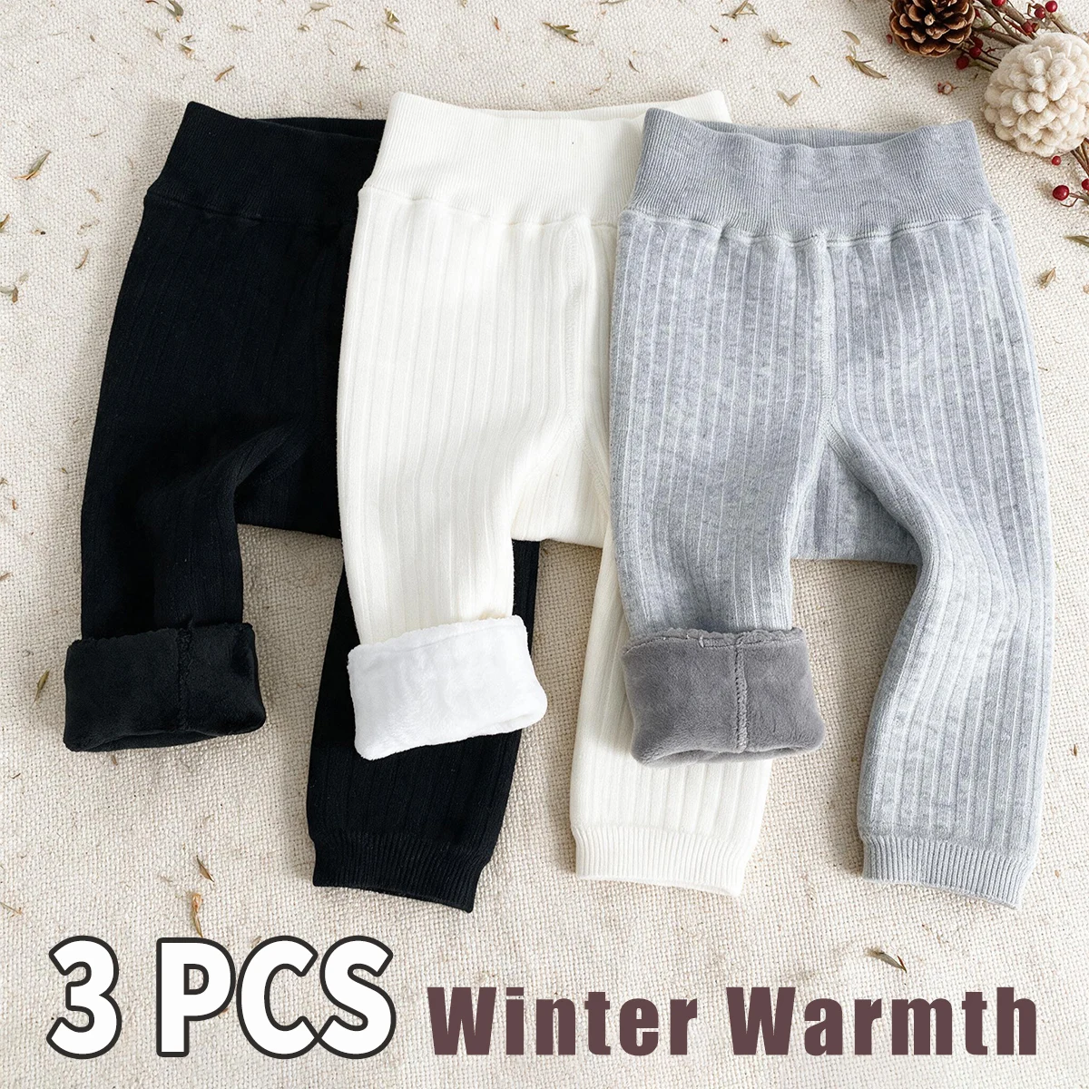 3PCS Toddler Rib Texture Fleece Ankle Pants, High Stretch Non-binding Waist Winter Liner Pants