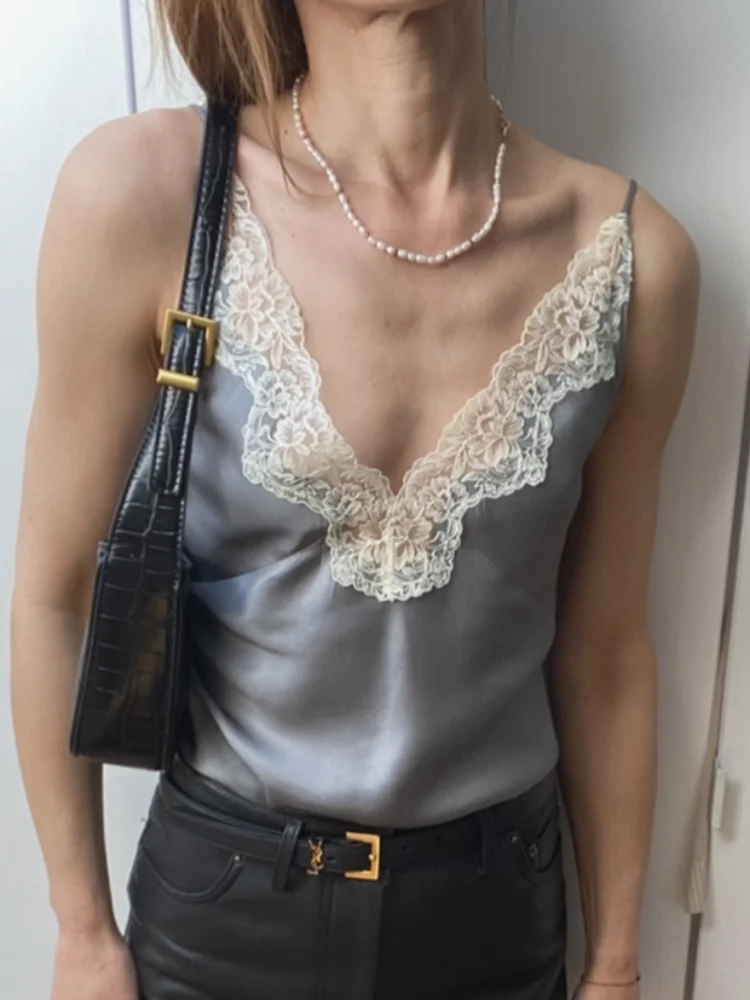 

Sexy Deep V Lace Splicing Strap Women's Fashion Satin Off Shoulder Back Tank Top 2026 Summer New Lady Date Daily Strap