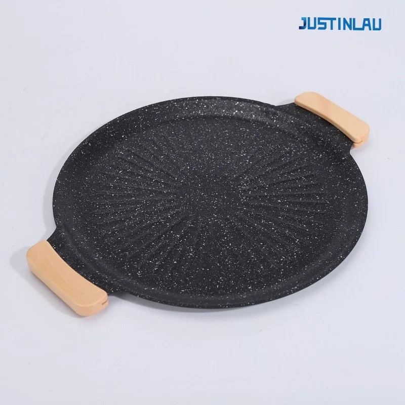 JUSTINLAU Baking Pan Non-stick Cooking Pans Multi-purpose Cooker Wood Anti-scald Handle Outdoor BBQ Tool Kitchen Bakeware Tools