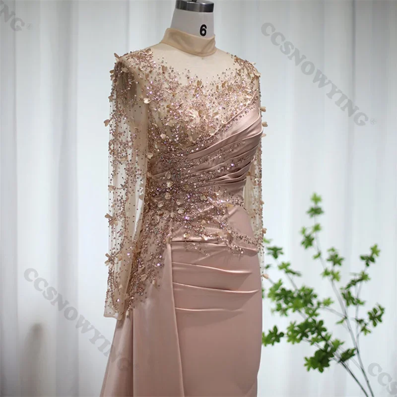 Long Sleeve High Neck Prom Dresses Evening Gowns Satin Appliques Beaded Formal Party Dress Arabic Dubai Women Robe De Soiree