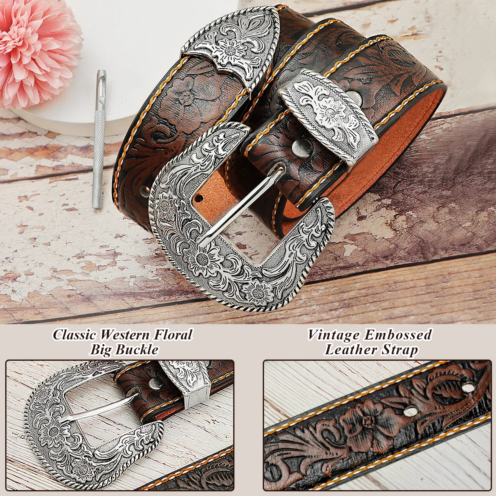 RechicGu Western Cowboy PU Leather Belt Men Waist Strap Decoration Floral Engraved for Jeans Fashion Women Girdle