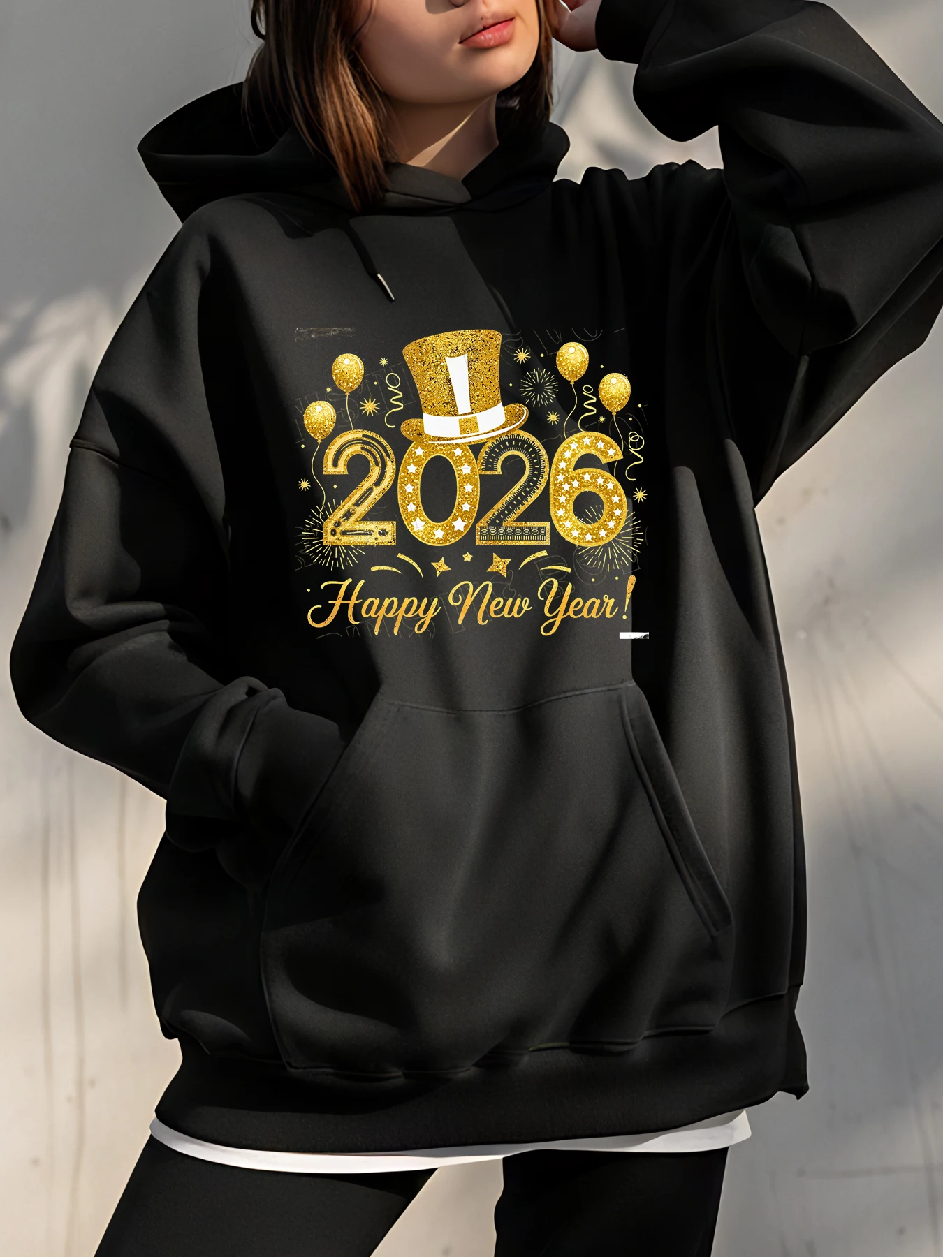 

Новогодняя толстовка с капюшоном 2026, толстовка с золотым принтом для вечеринки, унисекс, повседневная одежда для женщин и мужчин