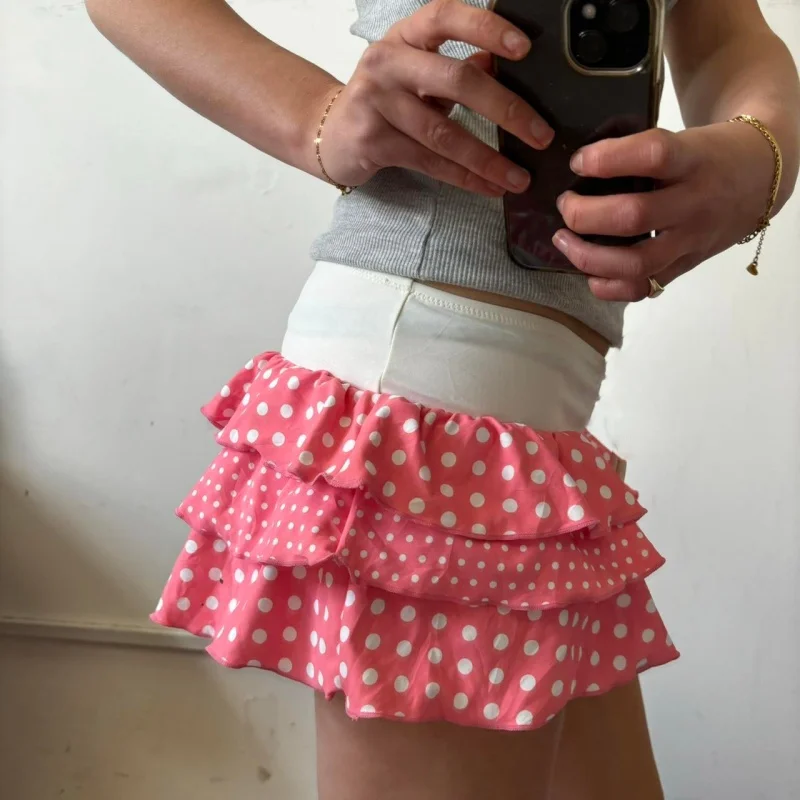 Rok Mini Berlapis Motif Polkadot Y2K, Rok Pendek Berlipit Bertingkat dengan Ruffle, Rok Mikro A-Line Seksi Bermotif
