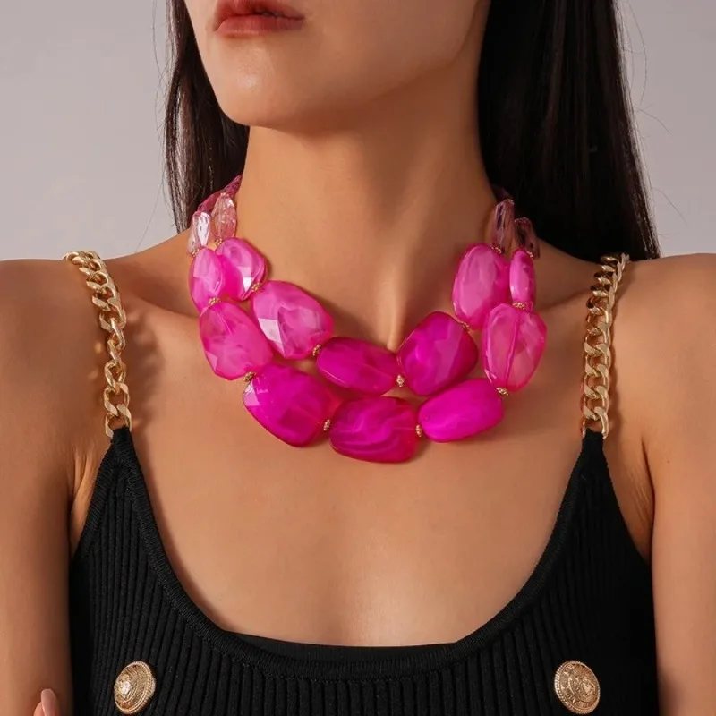 Facet-cut Chunky Acrylic Necklace Translucent-jelly Multi-hue Oversized Resin Strand Water Ripple Pattern Extender Chain
