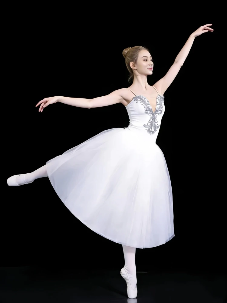 White Romantic Long Ballet Tutu Dress for Girls Silver Embroidered Bodice Kids Ballerina Costume for Performance Contemporary Da